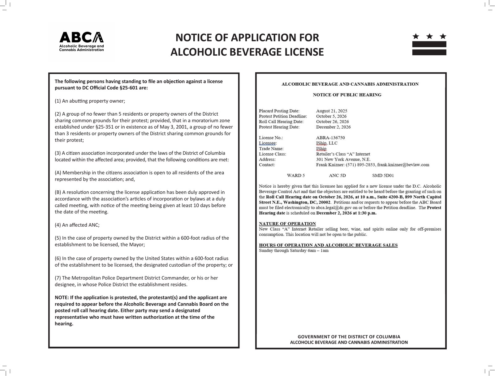 District of Columbia ABCA — Notice of Application for Alcoholic Beverage License for iShip, LLC